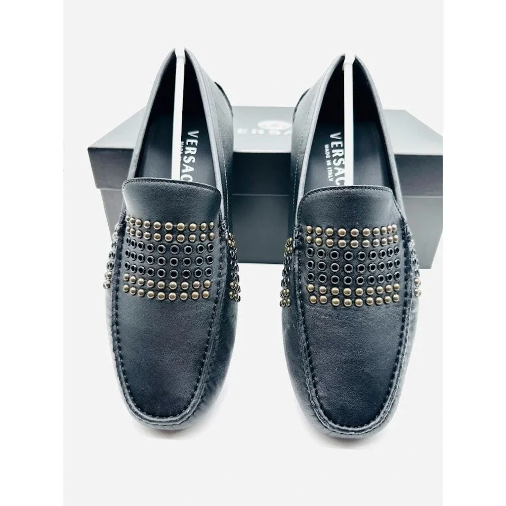 Versace Medusa Studded Loafers Black Leather US 7.5EU 39.5 Designer Luxury Italy